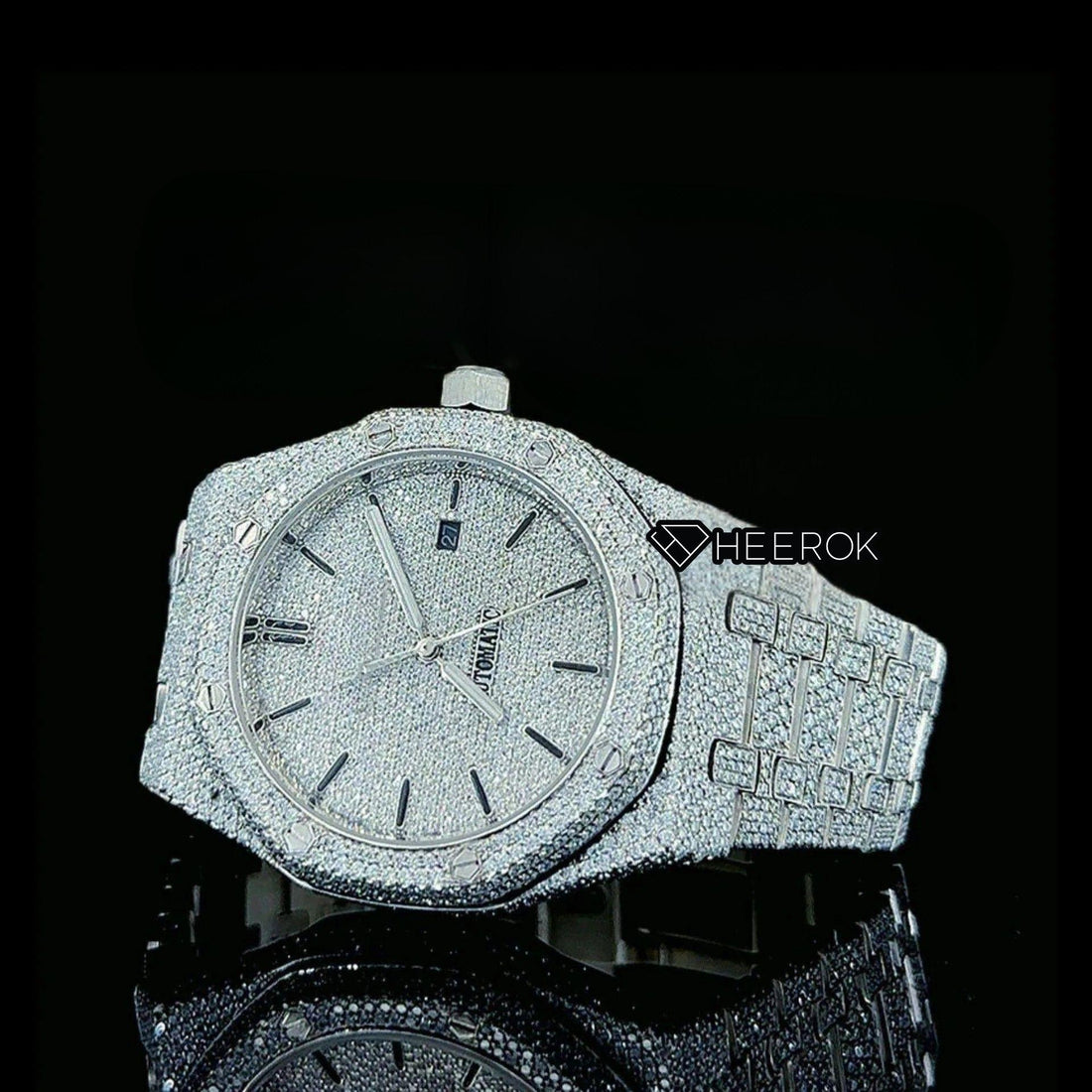 AP Royal Oak Fully Iced Out White Dial Black Stick Markers Diamond Bezel Moissanite Diamond Bracelet Front View