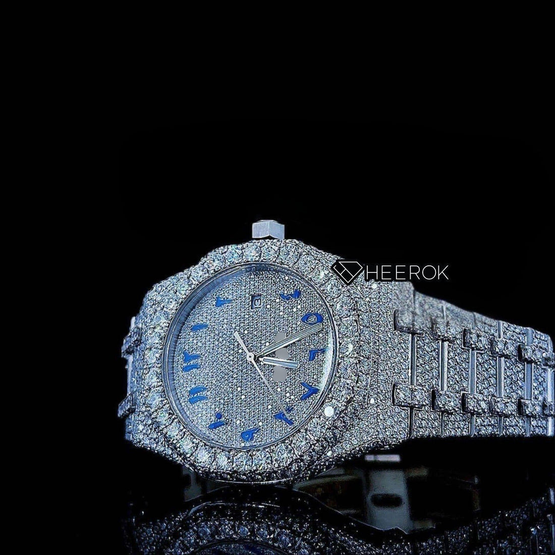 AP Royal Oak Fully Iced Out White Dial Blue Arabic Numerals Diamond Bezel Moissanite Diamond Bracelet Front View.
