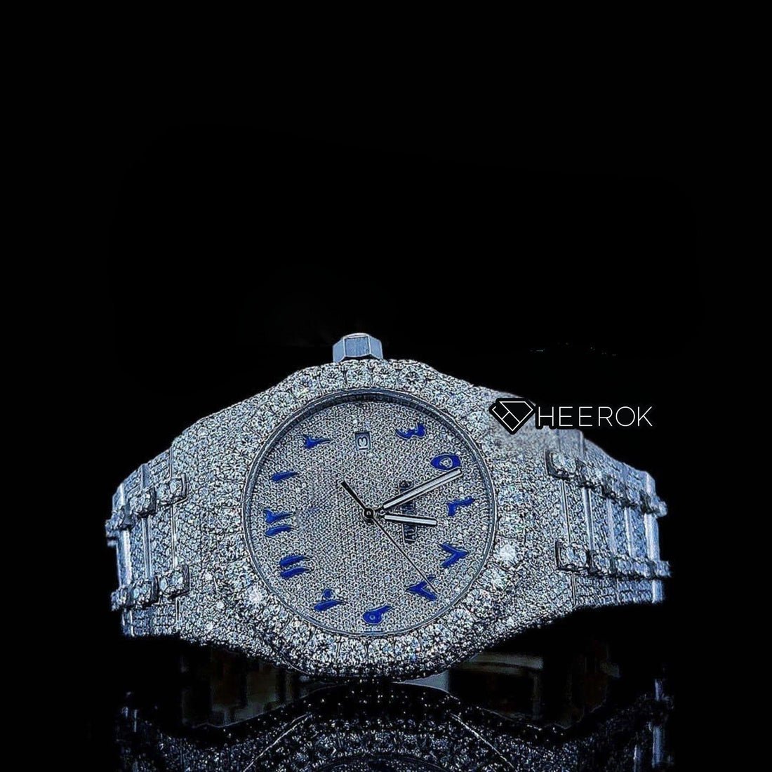 AP Royal Oak Fully Iced Out White Dial Blue Arabic Numerals Diamond Bezel Moissanite Diamond Bracelet Front View