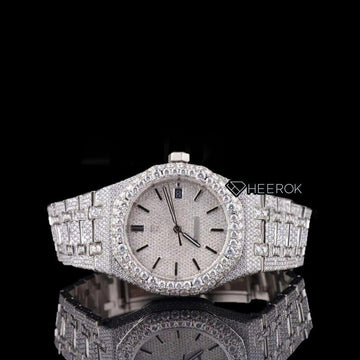 AP Royal Oak Fully Iced Out White Dial Stick Markers Diamond Bezel Moissanite Diamond Bracelet Front View.