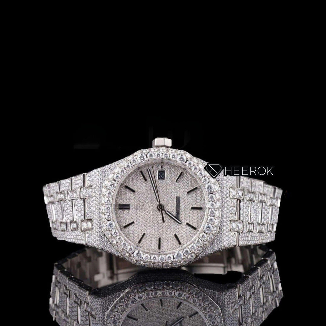 AP Royal Oak Fully Iced Out White Dial Stick Markers Diamond Bezel Moissanite Diamond Bracelet Front View