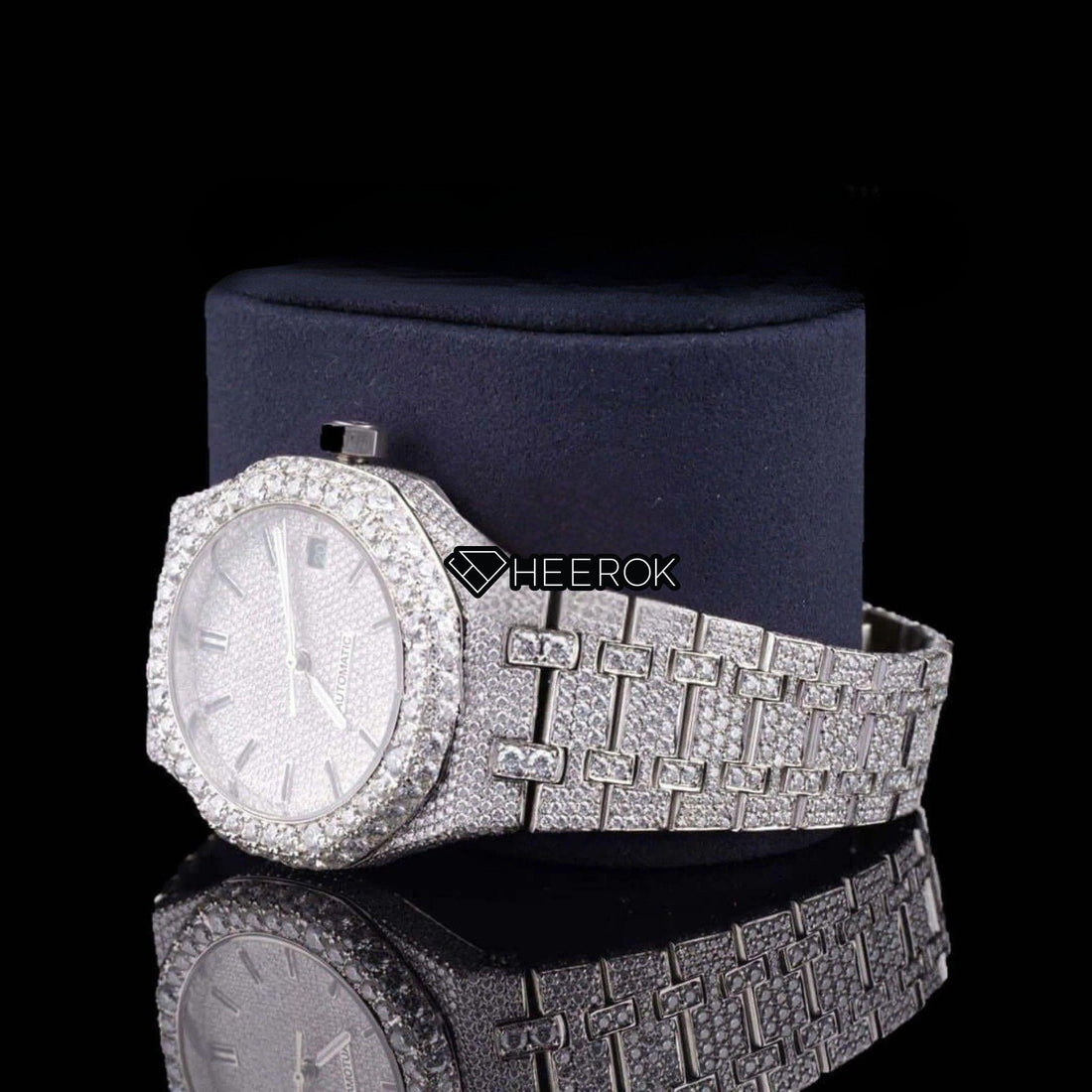AP Royal Oak Fully Iced Out White Dial Stick Markers Diamond Bezel Moissanite Diamond Bracelet Front View