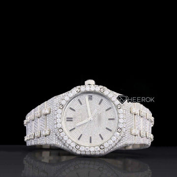 AP Royal Oak Fully Iced Out White Dial Stick Markers Large Round Diamond Bezel Moissanite Diamond Front View.