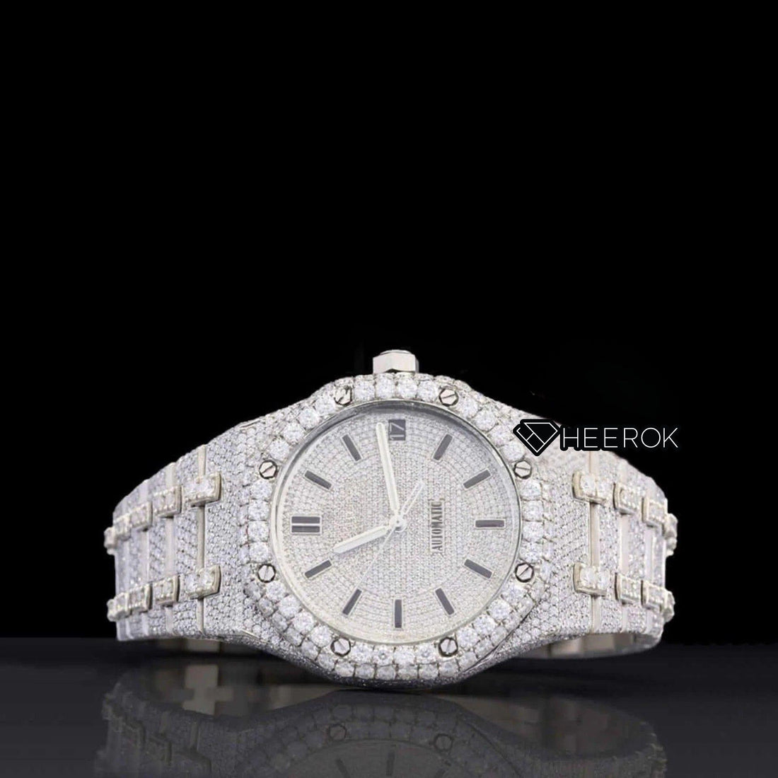 AP Royal Oak Fully Iced Out White Dial Stick Markers Large Round Diamond Bezel Moissanite Diamond Front View