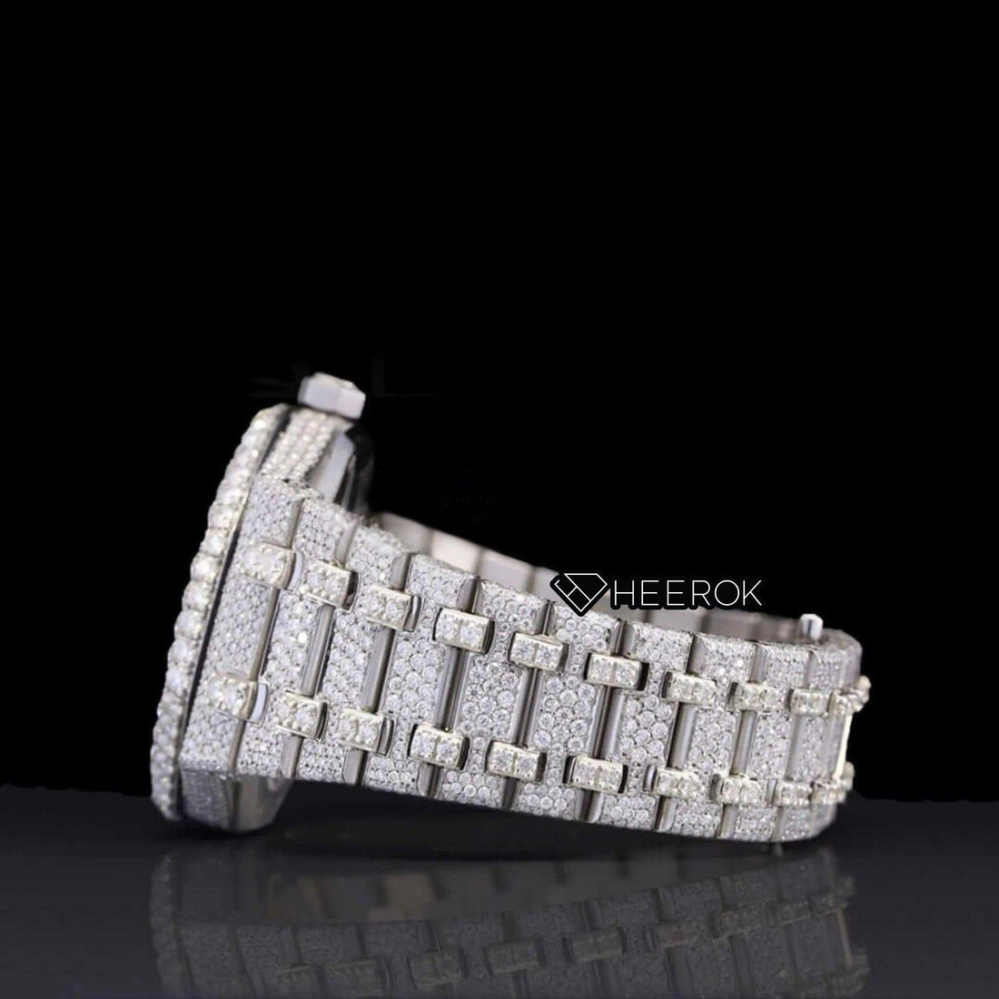 AP Royal Oak Fully Iced Out White Dial Stick Markers Large Round Diamond Bezel Moissanite Diamond Front View