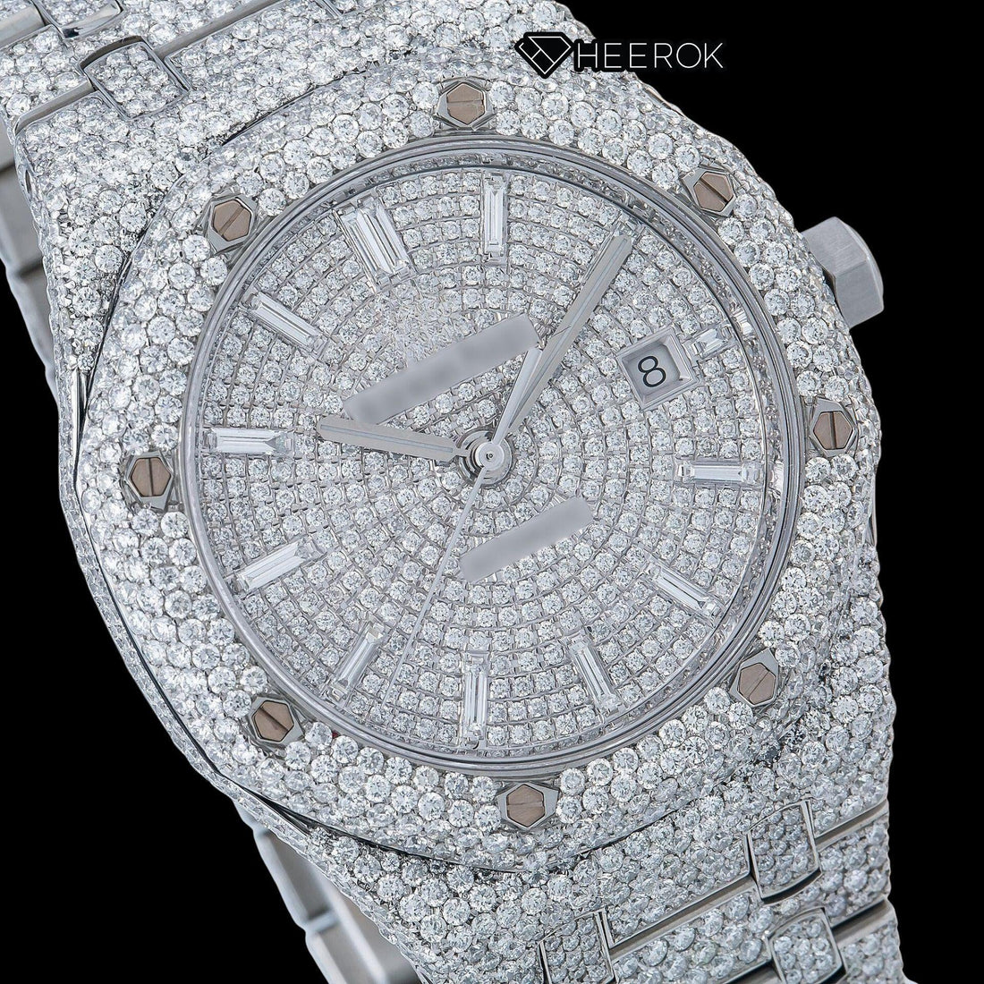 AP Royal Oak Fully Iced White Dial Baguette Diamond Markers Diamond Bezel Moissanite Diamond Bracelet Front View