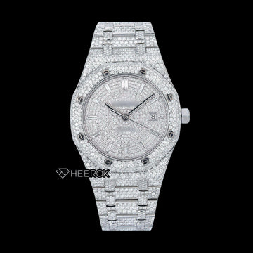 AP Royal Oak Fully Iced White Dial Baguette Diamond Markers Diamond Bezel Moissanite Diamond Bracelet Front View