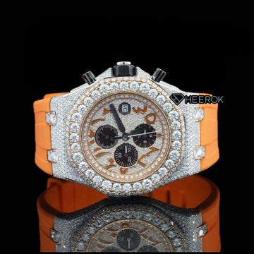 AP Royal Oak Offshore Arabic Numerals Chronograph White Dial Diamond Bezel Moissanite Diamond Orange Rubber Strap Front View
