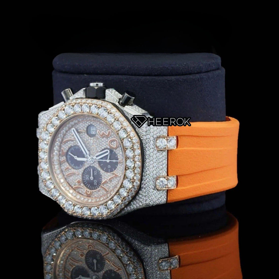 AP Royal Oak Offshore Arabic Numerals Chronograph White Dial Diamond Bezel Moissanite Diamond Orange Rubber Strap Front View