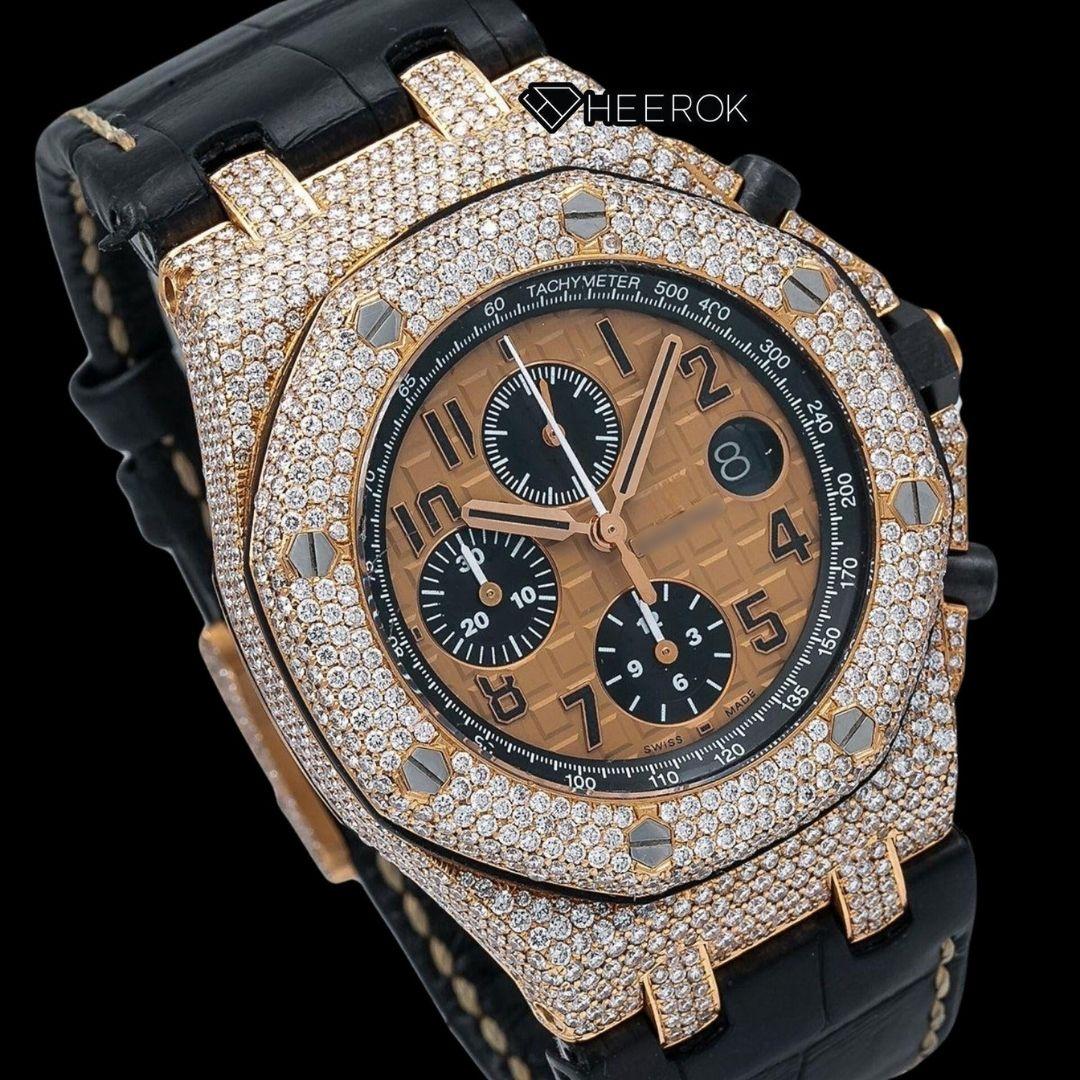 AP Royal Oak Offshore Black Chronograph Standard Numerals Brown Dial Rose Gold Diamond Bezel Black Leather Strap Semi Iced Out Moissanite Watch Front View.