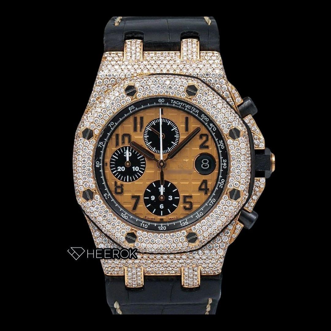 AP Royal Oak Offshore Black Chronograph Standard Numerals Brown Dial Rose Gold Diamond Bezel Black Leather Strap Semi Iced Out Moissanite Watch Front View.
