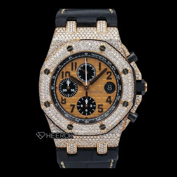 AP Royal Oak Offshore Black Chronograph Standard Numerals Brown Dial Rose Gold Diamond Bezel Black Leather Strap Semi Iced Out Moissanite Watch Front View.