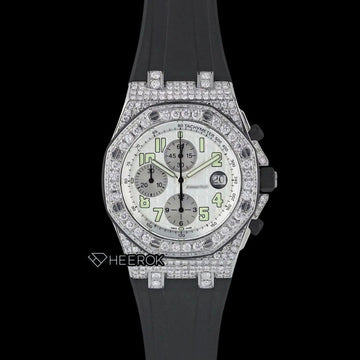 AP Royal Oak Offshore Charonograph Standard Numerals White Dial Diamond Bezel Black Rubber Strap Semi Iced Out Moissanite Watch Front View