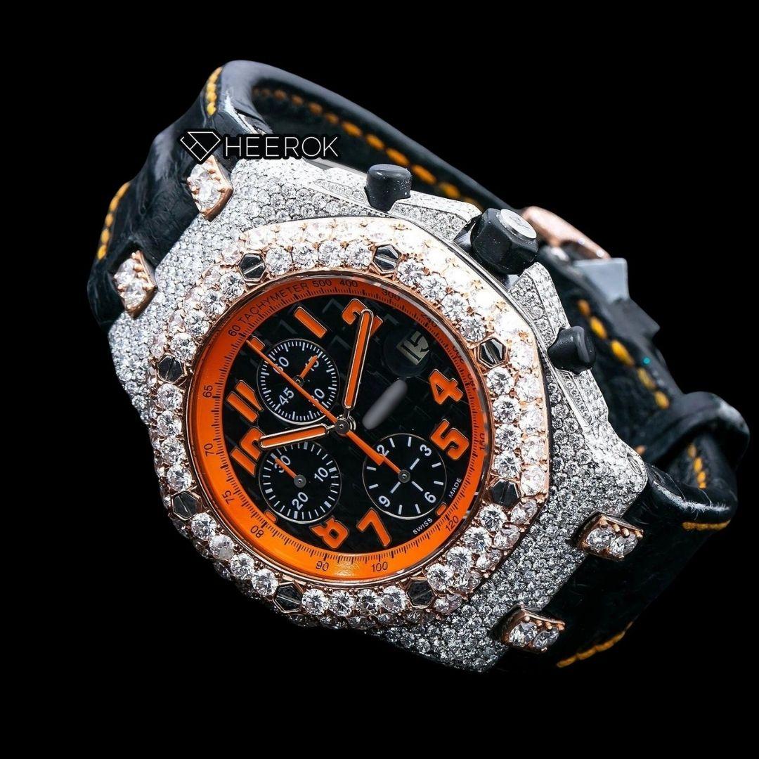 AP Royal Oak Offshore Chronograph Black Dial Orange Standard Numerals Rose Gold Diamond Bezel Black Leather Strap Moissanite Watch Front View.