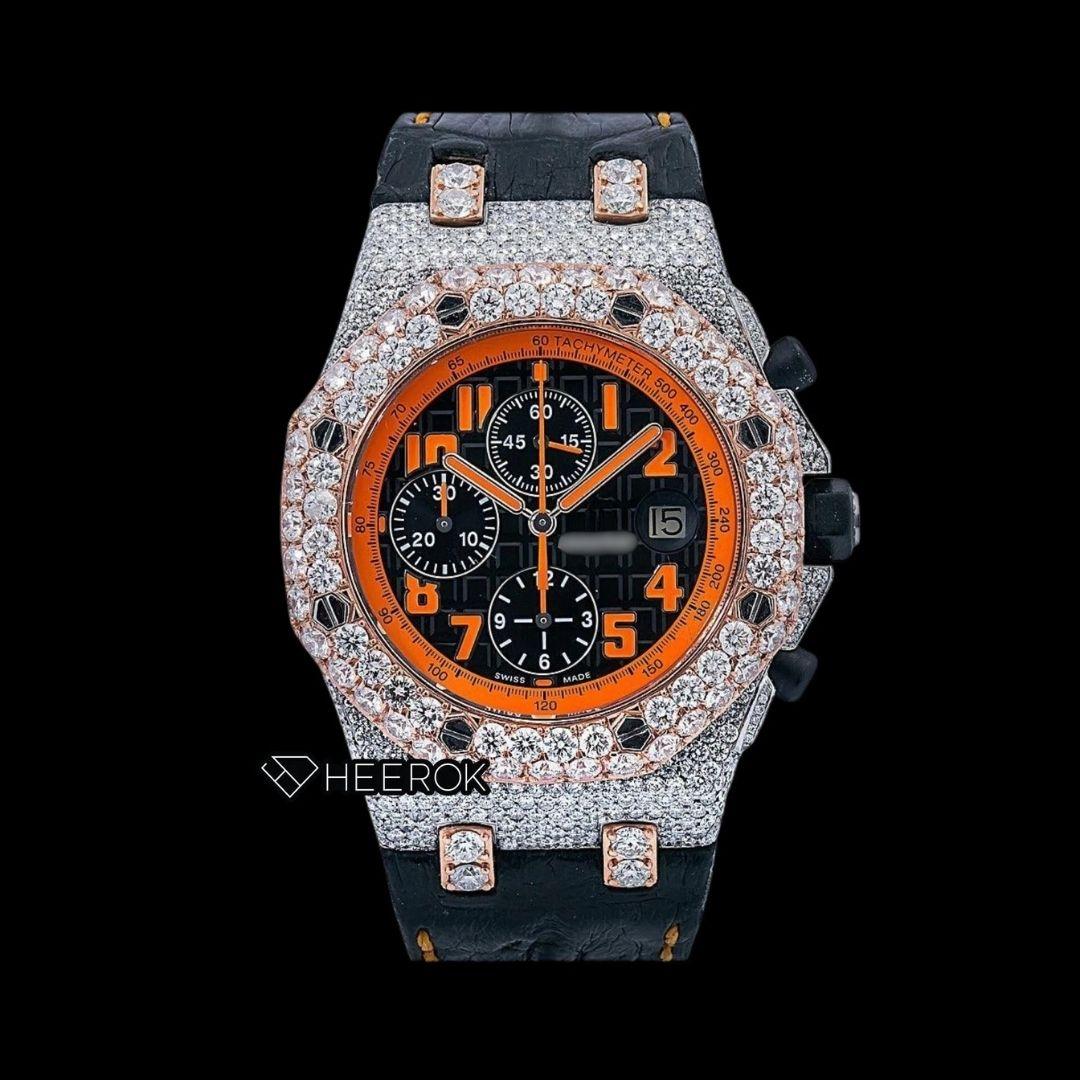 AP Royal Oak Offshore Chronograph Black Dial Orange Standard Numerals Rose Gold Diamond Bezel Black Leather Strap Moissanite Watch Front View.
