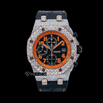 AP Royal Oak Offshore Chronograph Black Dial Orange Standard Numerals Rose Gold Diamond Bezel Black Leather Strap Moissanite Watch Front View.