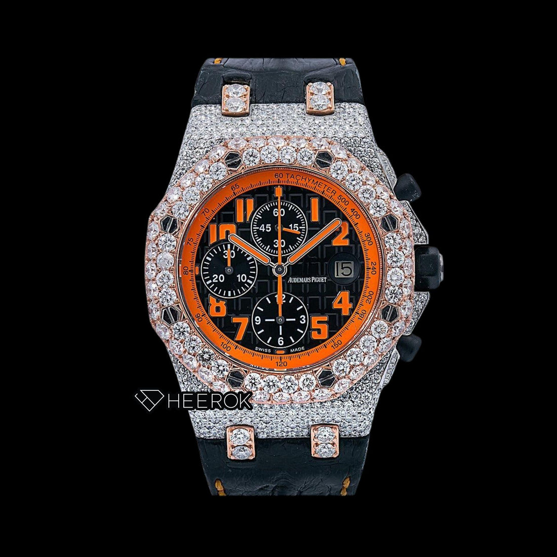 AP Royal Oak Offshore Chronograph Black Dial Orange Standard Numerals Rose Gold Diamond Bezel Black Leather Strap Moissanite Watch Front View