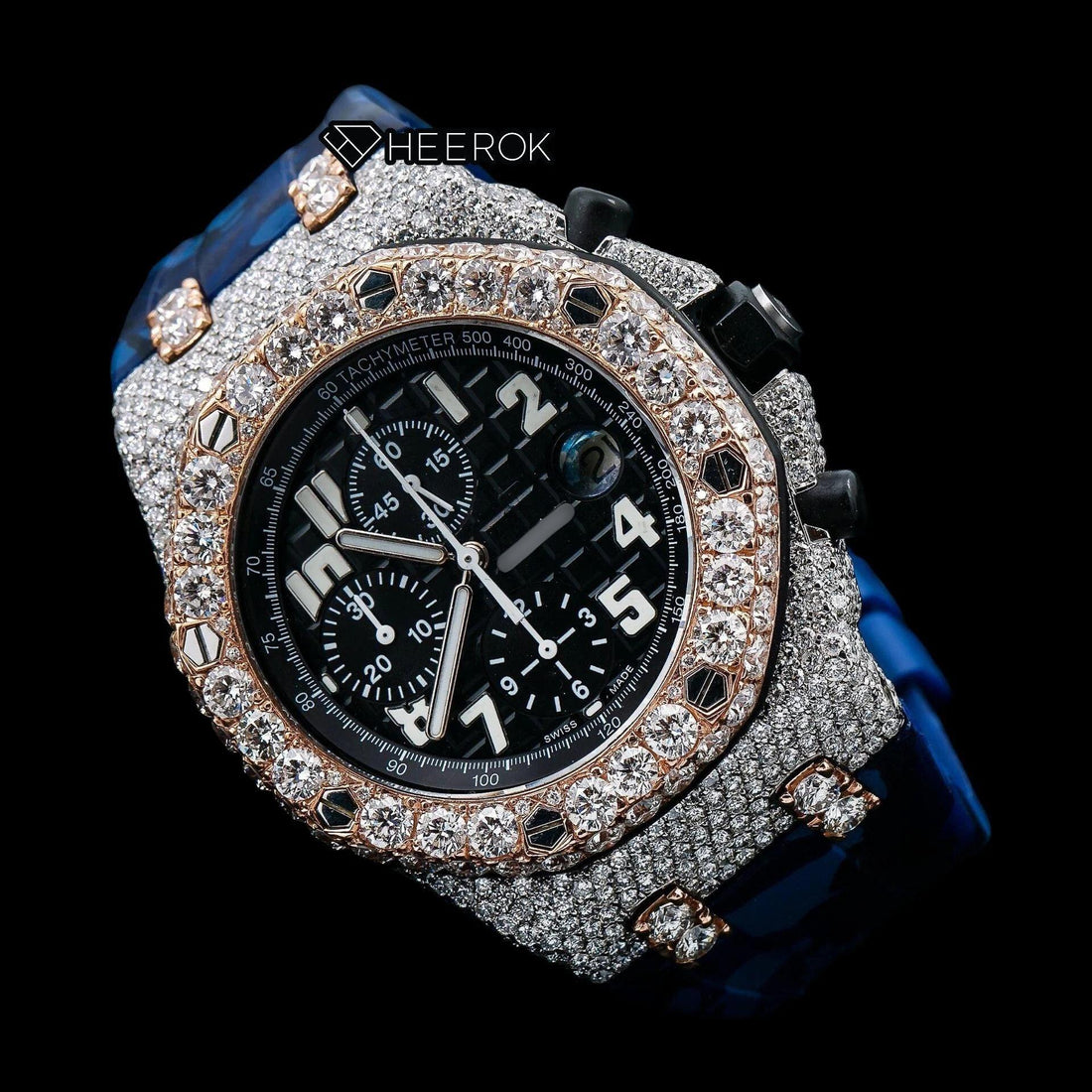 AP Royal Oak Offshore Chronograph Black Dial Standard Numerals Large Round Diamond Rose Gold Bezel Blue Camouflage Rubber Strap Semi Iced Out Moissanite Watch Front View.