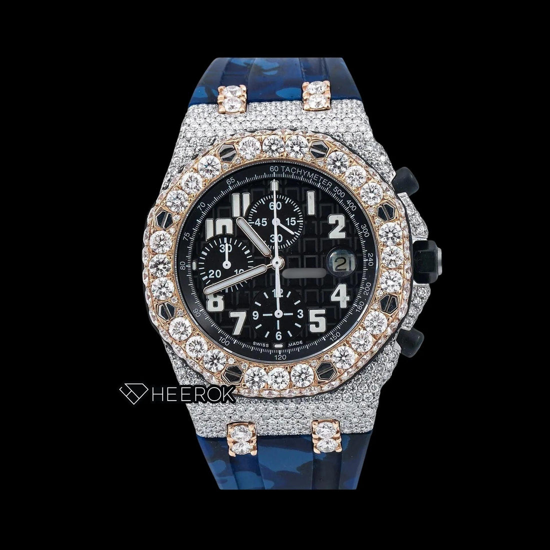AP Royal Oak Offshore Chronograph Black Dial Standard Numerals Large Round Diamond Rose Gold Bezel Blue Camouflage Rubber Strap Semi Iced Out Moissanite Watch Front View.