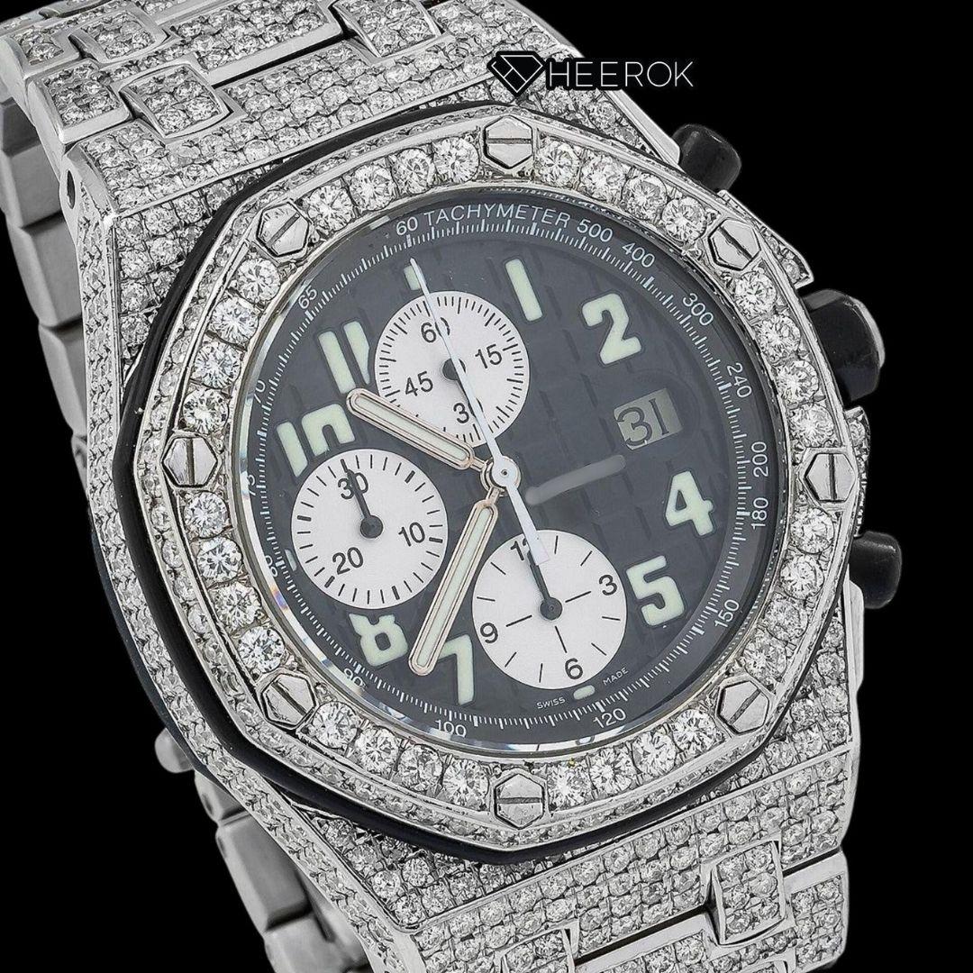 AP Royal Oak Offshore Chronograph Black Dial White Standared Numerals Diamond Bezel Fully Iced Out Moissanite Watch Front View.