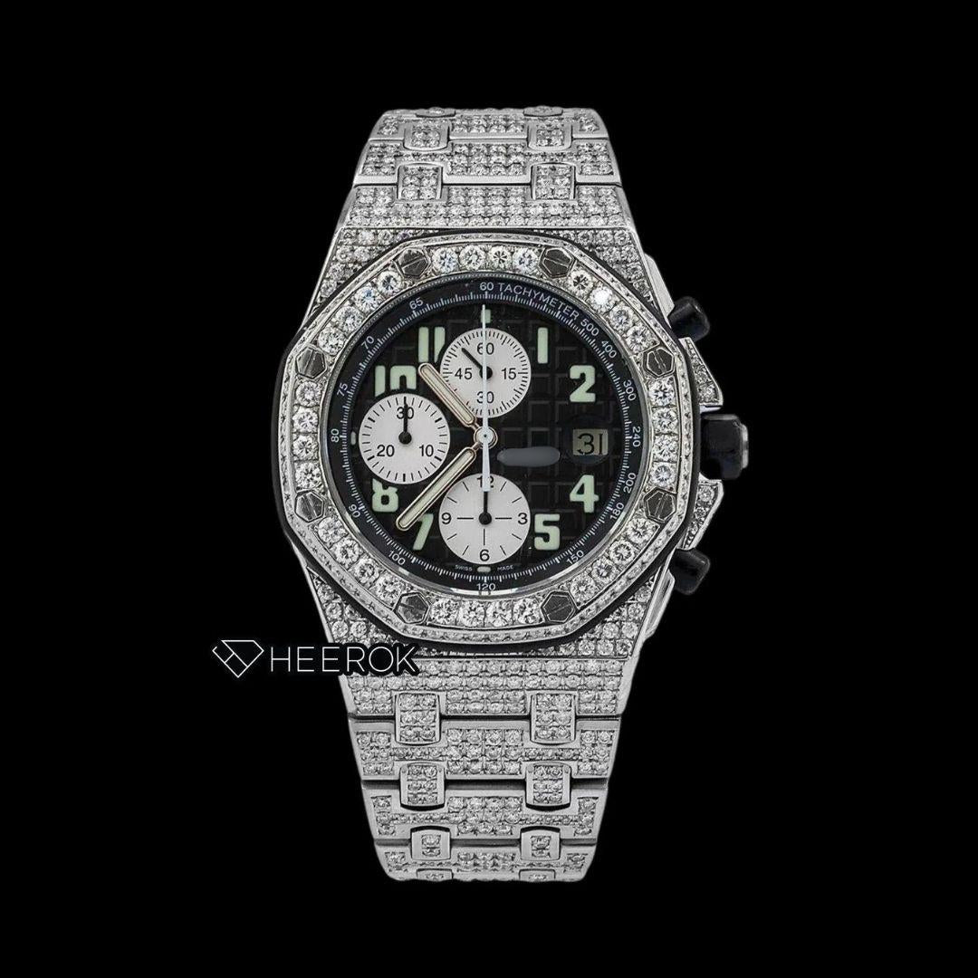 AP Royal Oak Offshore Chronograph Black Dial White Standared Numerals Diamond Bezel Fully Iced Out Moissanite Watch Front View.
