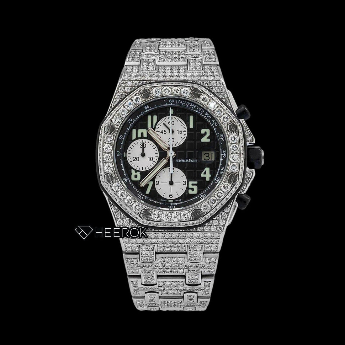 AP Royal Oak Offshore Chronograph Black Dial White Standared Numerals Diamond Bezel Fully Iced Out Moissanite Watch Front View