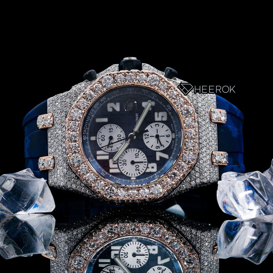 AP Royal Oak Offshore Chronograph Blue Dial Standard Numerals Rose Gold Large Round Diamond Bezel Blue Rubber Strap Semi Iced Out Moissanite Watch Front View