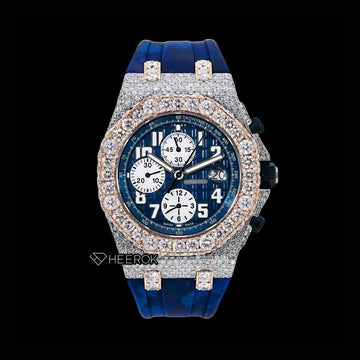 AP Royal Oak Offshore Chronograph Blue Dial Standard Numerals Rose Gold Large Round Diamond Bezel Blue Rubber Strap Semi Iced Out Moissanite Watch Front View.