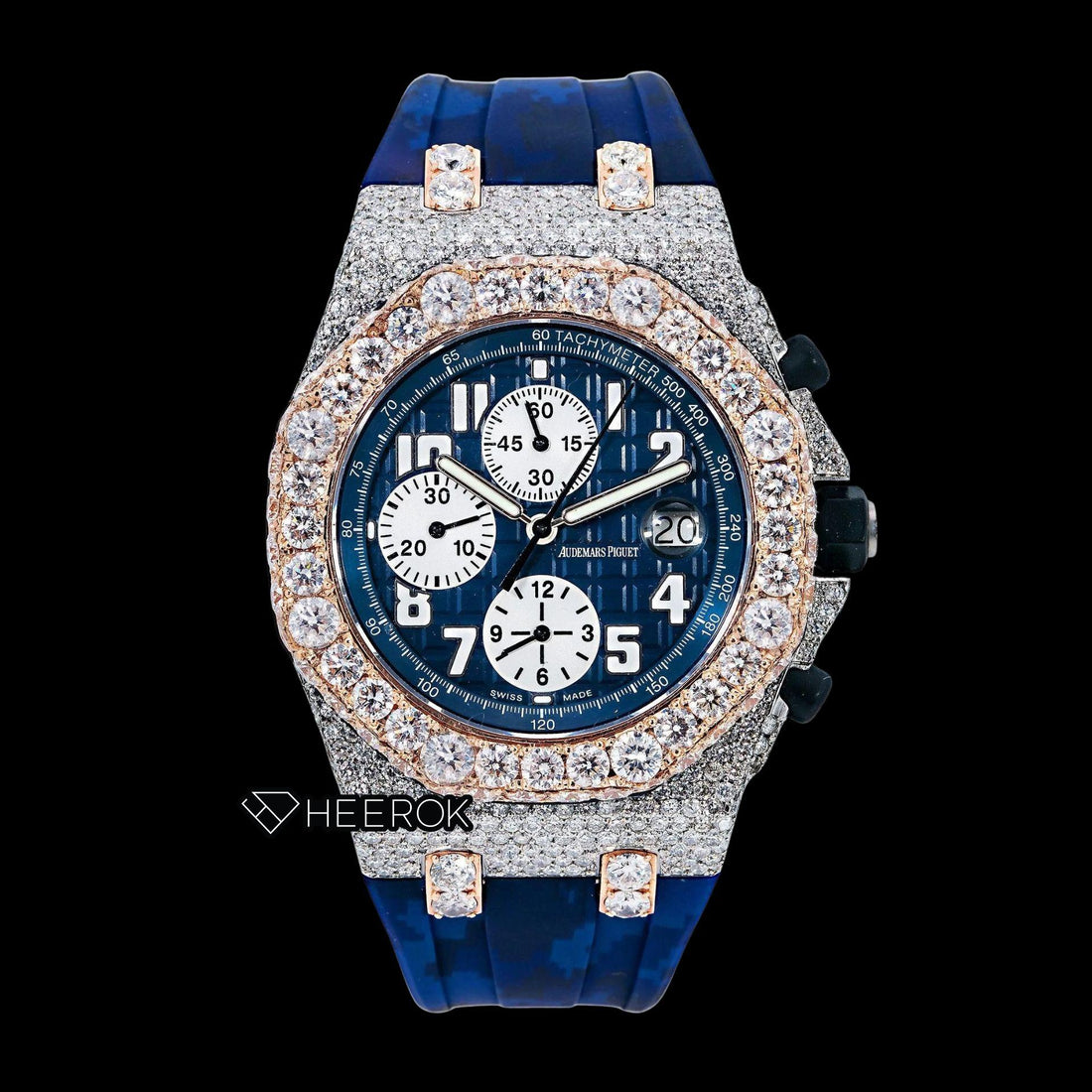 AP Royal Oak Offshore Chronograph Blue Dial Standard Numerals Rose Gold Large Round Diamond Bezel Blue Rubber Strap Semi Iced Out Moissanite Watch Front View