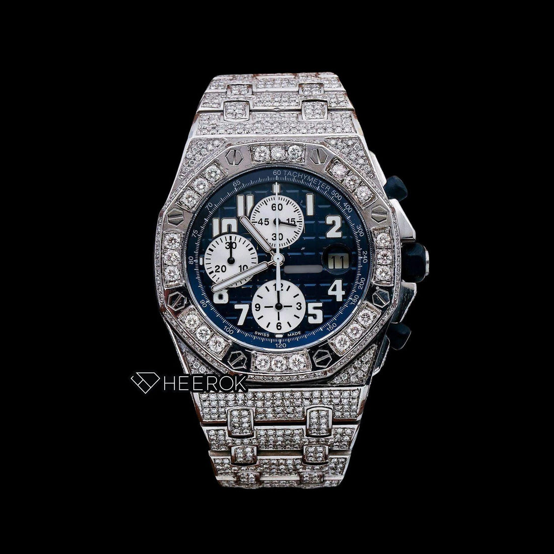 AP Royal Oak Offshore Chronograph Blue Dial White Standard Numerals Large Round Diamond Bezel Fully Iced Out Moissanite Watch Front View.