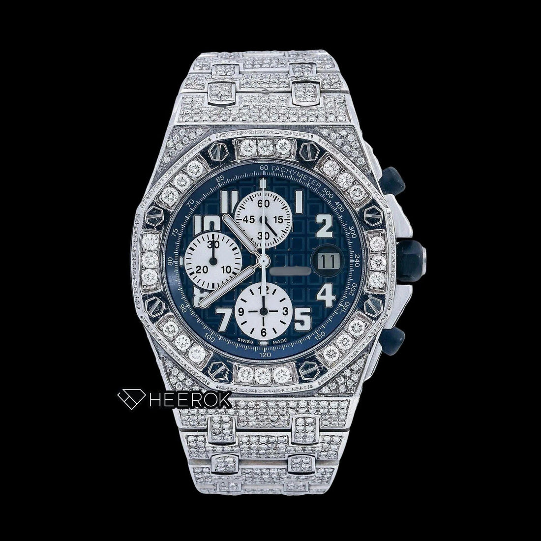 AP Royal Oak Offshore Chronograph Blue Dial White Standard Numerals Large Round Diamond Bezel Fully Iced Out Moissanite Watch Front View.