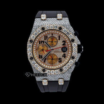 AP Royal Oak Offshore Chronograph Diamond Dial Black Standard Numerals Large Round Diamond Bezel Black Rubber Strap Semi Iced Out Moissanite Watch Front View.
