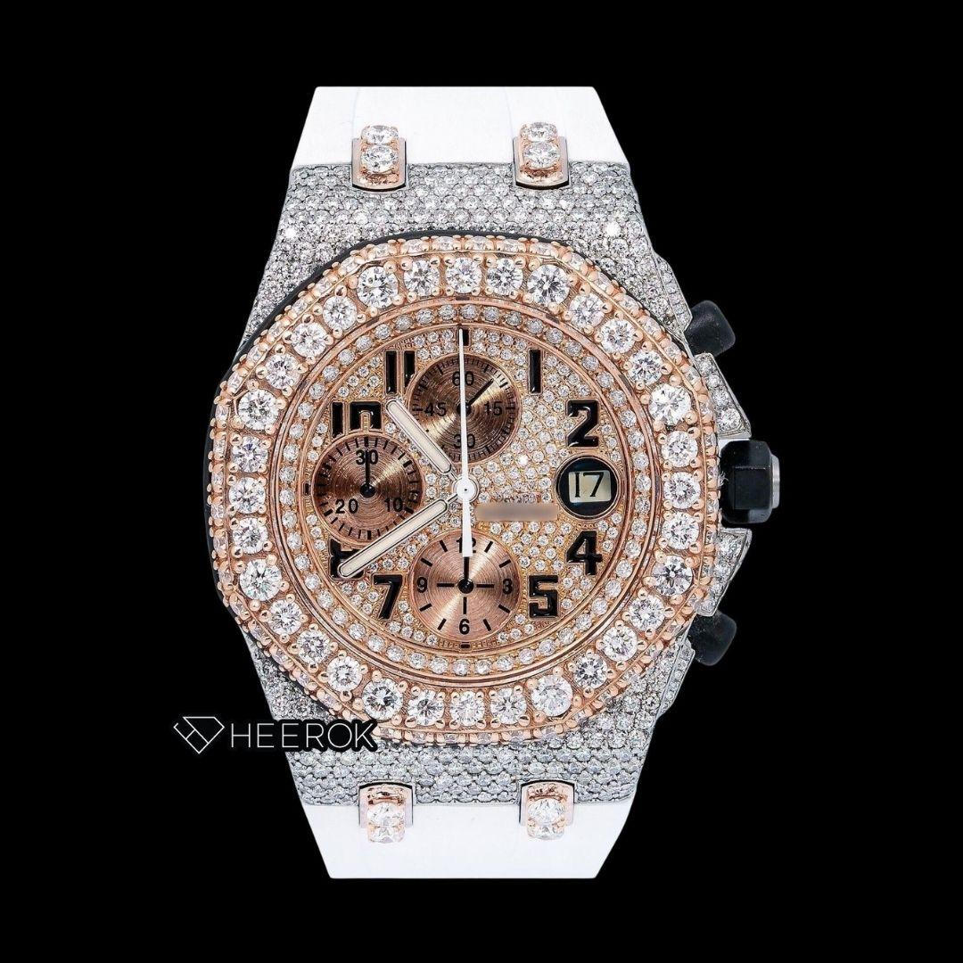 AP Royal Oak Offshore Chronograph Diamond Dial Black Standard Numerals Rose Gold Large Round Diamond Bezel White Rubber Strap Semi Iced Out Moissanite Watch Front View.