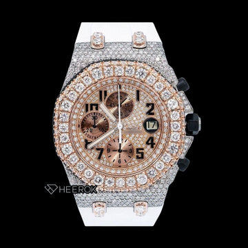 AP Royal Oak Offshore Chronograph Diamond Dial Black Standard Numerals Rose Gold Large Round Diamond Bezel White Rubber Strap Semi Iced Out Moissanite Watch Front View.
