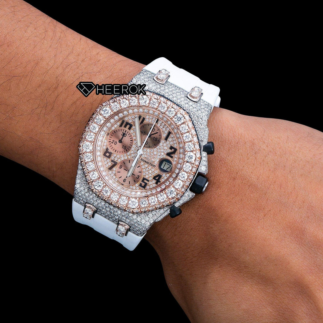 AP Royal Oak Offshore Chronograph Diamond Dial Black Standard Numerals Rose Gold Large Round Diamond Bezel White Rubber Strap Semi Iced Out Moissanite Watch Front View