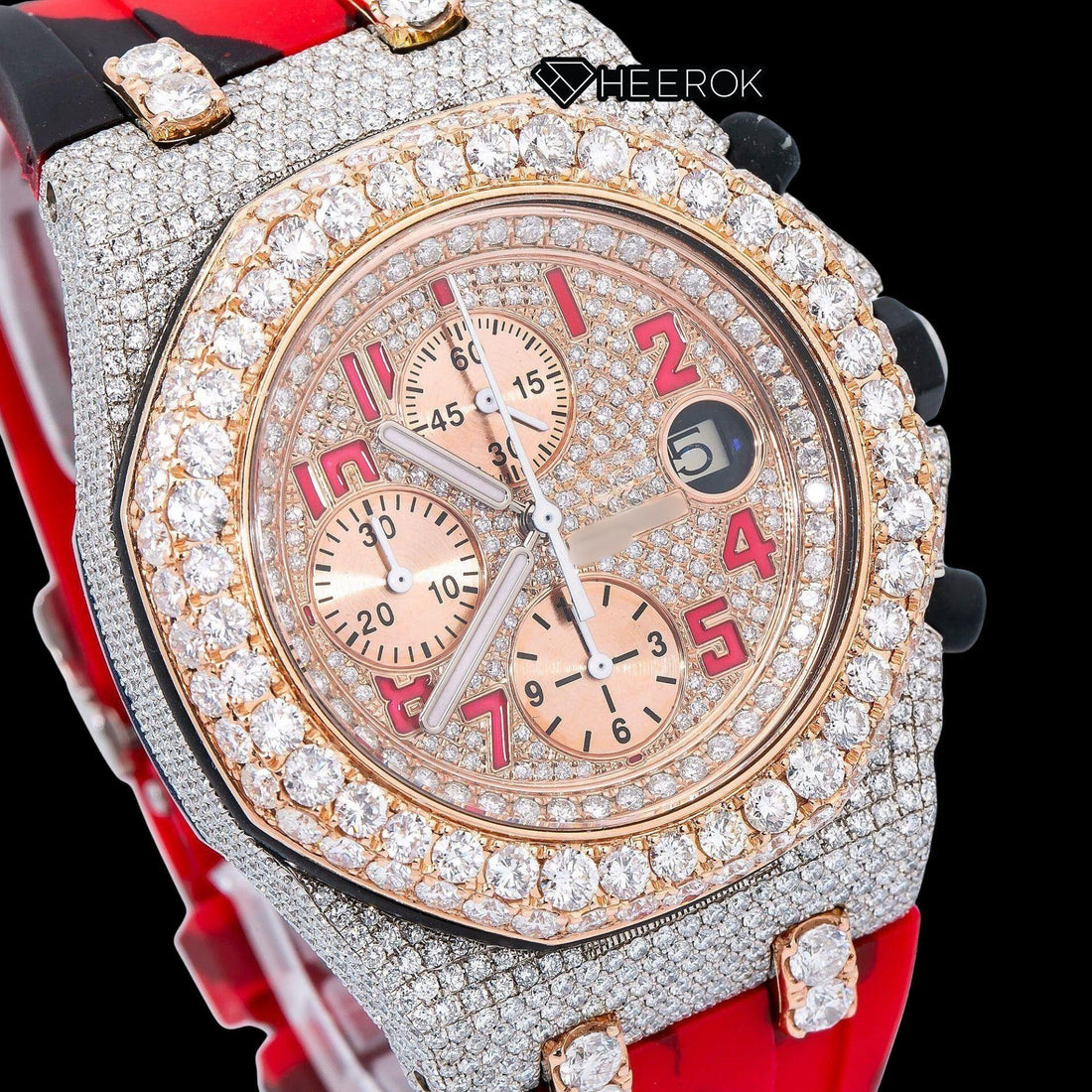 AP Royal Oak Offshore Chronograph Diamond Dial Standard Numerals Large Round Diamond Rose Gold Bezel Red Black Camouflage Rubber Strap Semi Iced Out Moissanite Watch Front View.