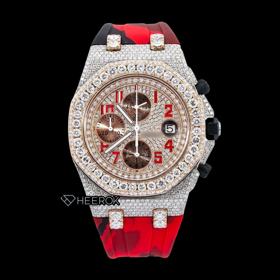 AP Royal Oak Offshore Chronograph Diamond Dial Standard Numerals Large Round Diamond Rose Gold Bezel Red Black Camouflage Rubber Strap Semi Iced Out Moissanite Watch Front View.