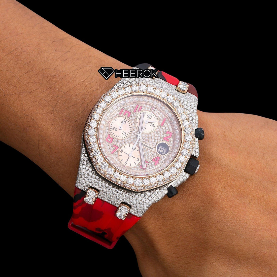 AP Royal Oak Offshore Chronograph Diamond Dial Standard Numerals Large Round Diamond Rose Gold Bezel Red Black Camouflage Rubber Strap Semi Iced Out Moissanite Watch Front View