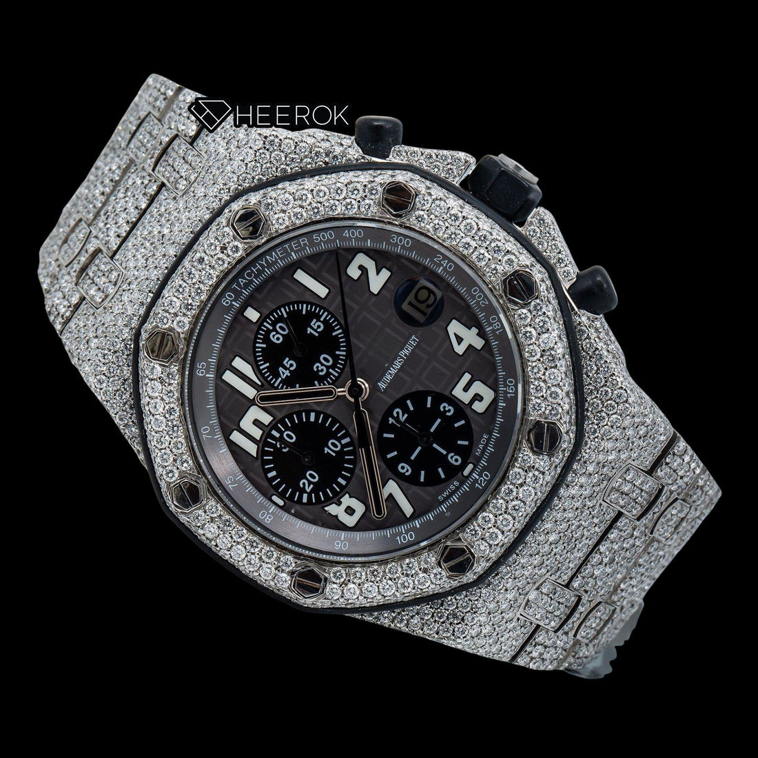AP Royal Oak Offshore Chronograph Grey Dial White Standard Numerals Diamond Bezel Fully Iced Out Moissanite Watch Front View