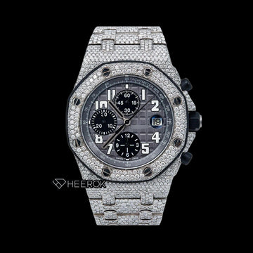 AP Royal Oak Offshore Chronograph Grey Dial White Standard Numerals Diamond Bezel Fully Iced Out Moissanite Watch Front View.