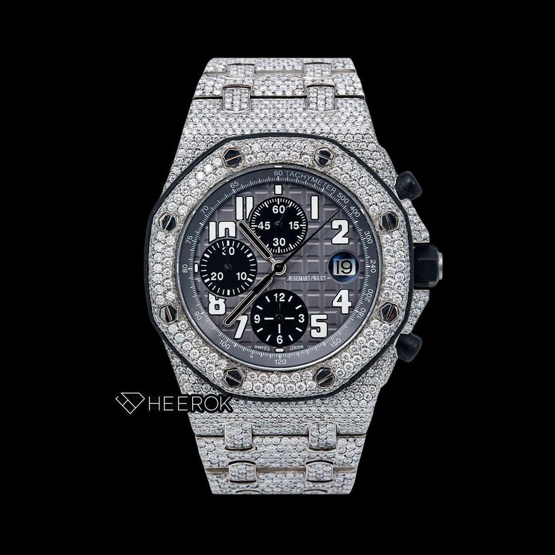 AP Royal Oak Offshore Chronograph Grey Dial White Standard Numerals Diamond Bezel Fully Iced Out Moissanite Watch Front View