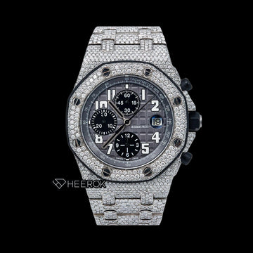 AP Royal Oak Offshore Chronograph Grey Dial White Standard Numerals Diamond Bezel Fully Iced Out Moissanite Watch Front View