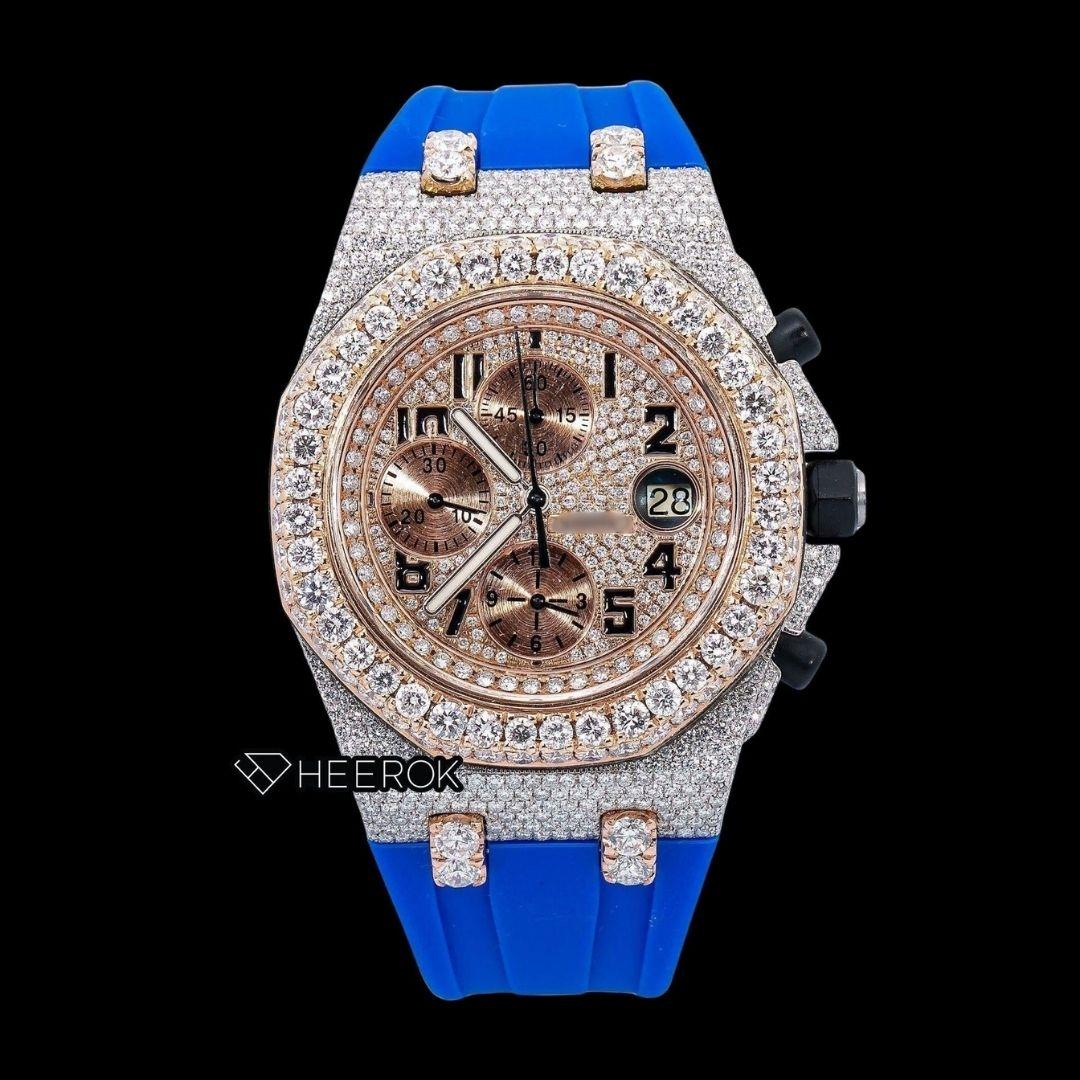 AP Royal Oak Offshore Chronograph Pave Diamond Dial Black Standard Numerals Large Round Diamond Rose Gold Bezel Blue Rubber Strap Semi Iced Out Moissanite Watch Front View.