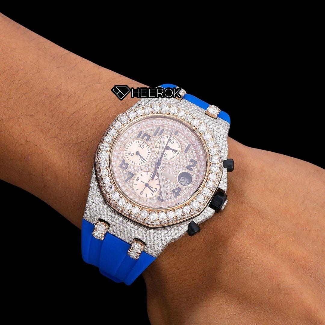 AP Royal Oak Offshore Chronograph Pave Diamond Dial Black Standard Numerals Large Round Diamond Rose Gold Bezel Blue Rubber Strap Semi Iced Out Moissanite Watch Front View.