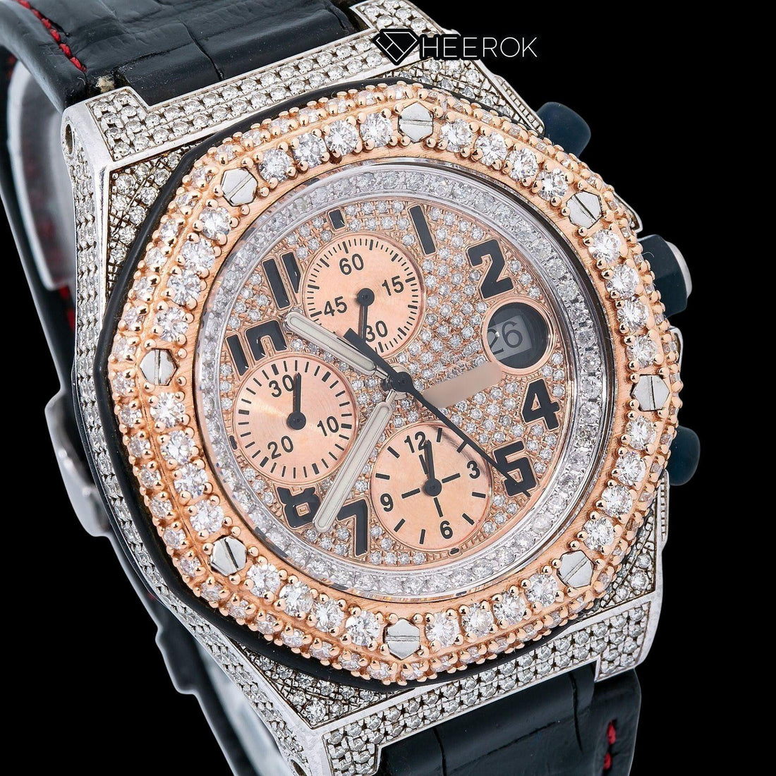 AP Royal Oak Offshore Chronograph Pave Diamond Dial Black Standard Numerals Rose Gold Diamond Bezel Black Leather Strap Semi Iced Out Moissanite Watch Front View.