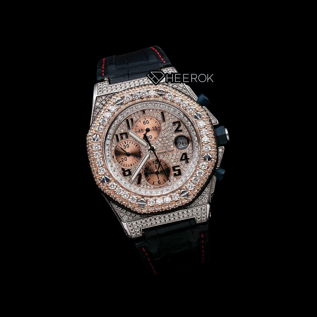 AP Royal Oak Offshore Chronograph Pave Diamond Dial Black Standard Numerals Rose Gold Diamond Bezel Black Leather Strap Semi Iced Out Moissanite Watch Front View
