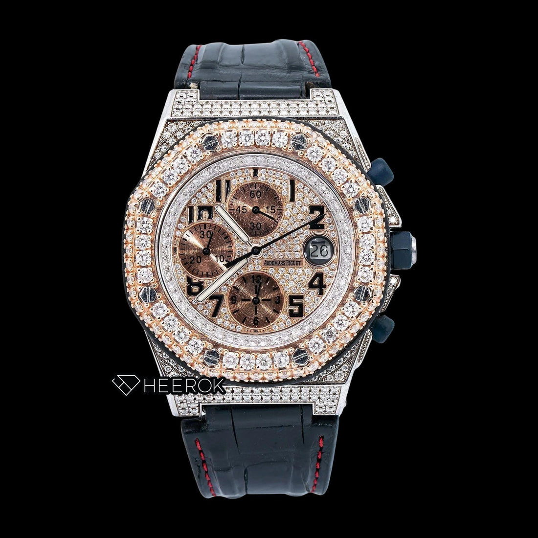 AP Royal Oak Offshore Chronograph Pave Diamond Dial Black Standard Numerals Rose Gold Diamond Bezel Black Leather Strap Semi Iced Out Moissanite Watch Front View
