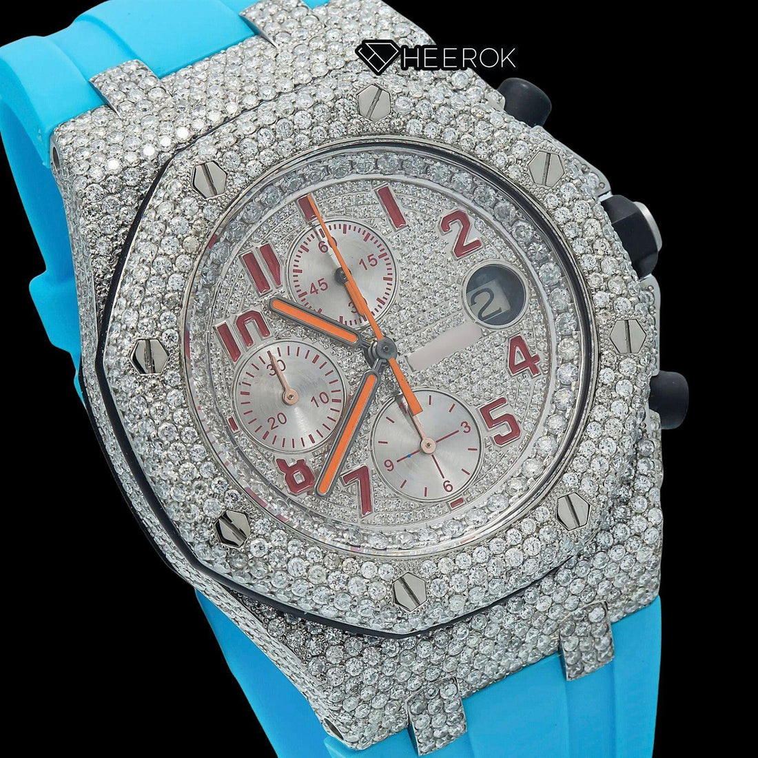 AP Royal Oak Offshore Chronograph Pave Diamond Dial Red Standard Numerals Blue Rubber Strap Semi Iced Out Moissanite Watch Front View.