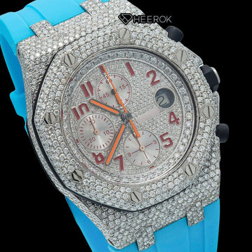 AP Royal Oak Offshore Chronograph Pave Diamond Dial Red Standard Numerals Blue Rubber Strap Semi Iced Out Moissanite Watch Close Up Dial View.