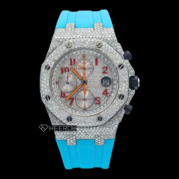 AP Royal Oak Offshore Chronograph Pave Diamond Dial Red Standard Numerals Blue Rubber Strap Semi Iced Out Moissanite Watch Front View.
